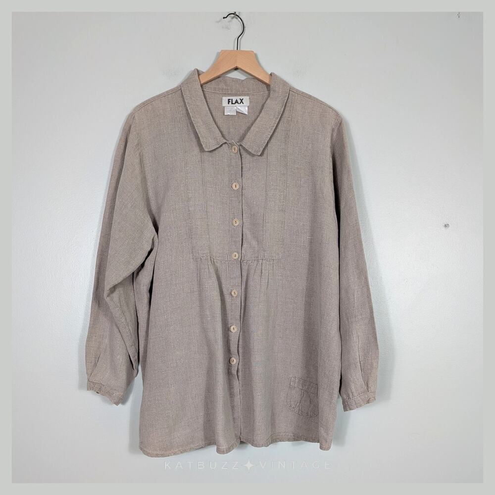 Flax Linen Long Sleeve Top L Tan Brown Khaki Collar Lagenlook Artsy Minimalist